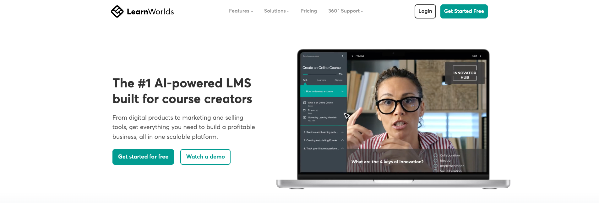 LearnWorlds hero image. Title: The #1 AI-Powered LMS built for course creators